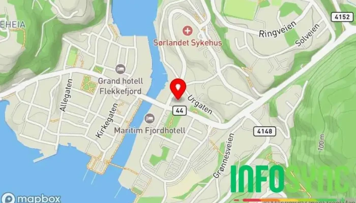 kart over Agder jordskifterett, rettssted Flekkefjord Tinghus i Flekkefjord
