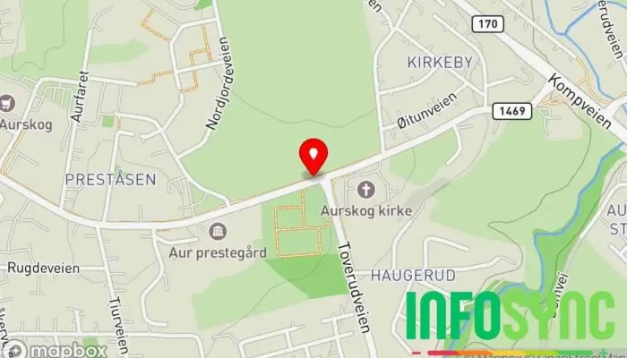 kart over Aurskog kirke Bussholdeplass i Aurskog