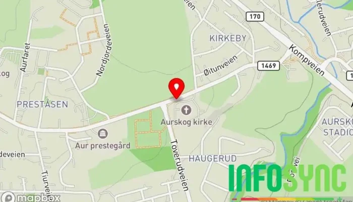kart over Aurskog kirke Bussholdeplass i Aurskog