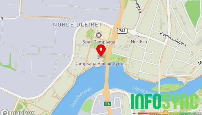kart over Dampsaga Bad og Spa Badeland, Treningsstudio, Svømmeanlegg i Steinkjer