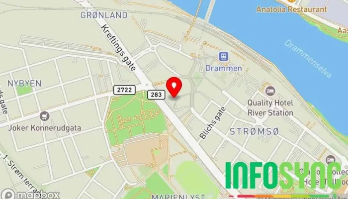 kart over Drammen Racing Senter Selskapslokale, Bilracerbane, Innendørs lekeplass, Offroad racingbane, Lekeplass, Løpsbane i Drammen