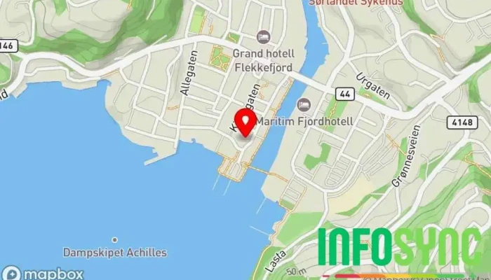 kart over Flekkefjord Turistkontor Turistinformasjon i Flekkefjord