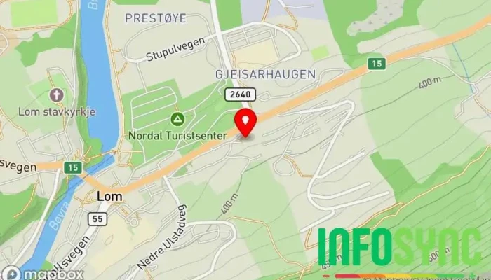 kart over Fossheim Steinsenter Museum, Håndverksforretning, Gavebutikk, Smykkeforhandler, Parkeringsplass, Steinforhandler, Turistattraksjon i Fossbergom