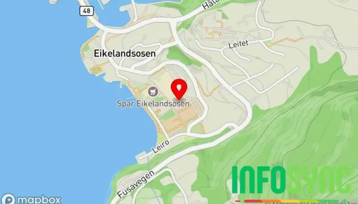 kart over Helse Bergen HF - Ambulansetenesta - Ambulansestasjon Bjørnafjorden Ambulansetjeneste i Eikelandsosen