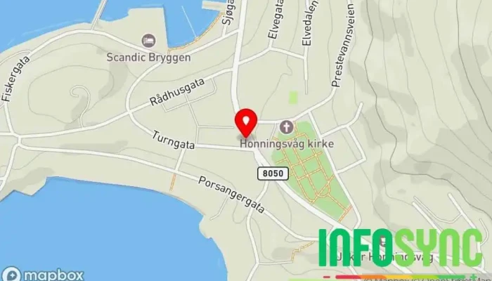 kart over Honningsvåg kirke Bussholdeplass i Honningsvåg