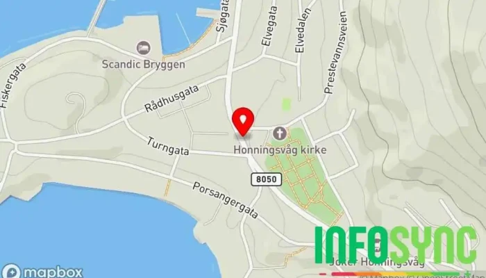 kart over Honningsvåg kirke Bussholdeplass i Honningsvåg