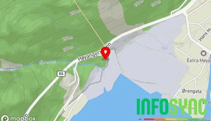 kart over Høyanger K5 vannkraftverk Hydroelektrisk kraftverk i Høyanger