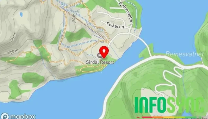 kart over Høyt og Lavt Sirdal, Sirdal Fjellpark Fornøyelsespark i Tjørhom