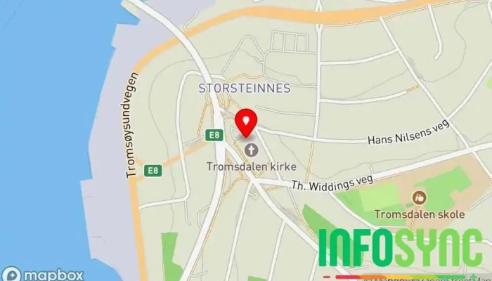 kart over Ishavskatedralen Katedral, Kirke, Turistattraksjon i Tromsdalen