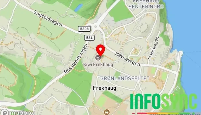 kart over KIWI Frekhaug Dagligvarebutikk i Frekhaug