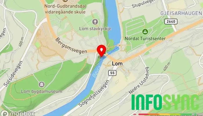 kart over Lom waterfall Turistattraksjon i Fossbergom
