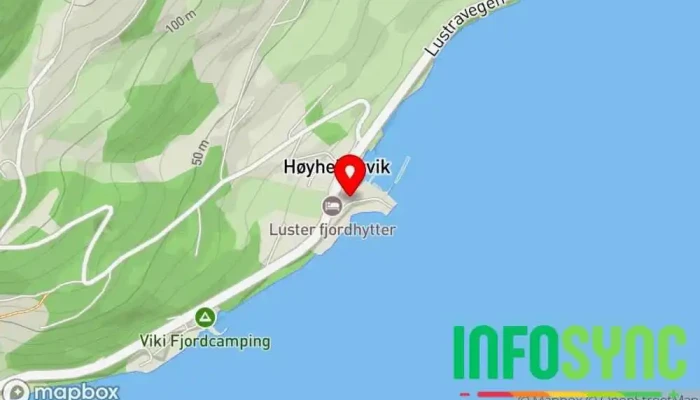 kart over Luster Fjordhytter Hytteutleie, Båtutleie, Campinghytte, Kano- og kajakkutleie, Badstue, Utleie av vannsportsutstyr i Høyheimsvik