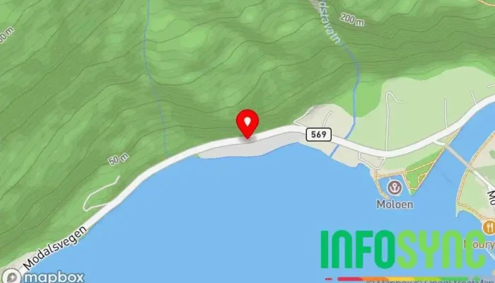 kart over Modalen Sandtak AS Steinbrudd i Modalen