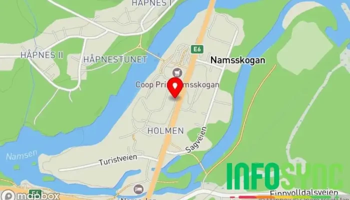 kart over Namsskogan kommune Rådhus i Namsskogan