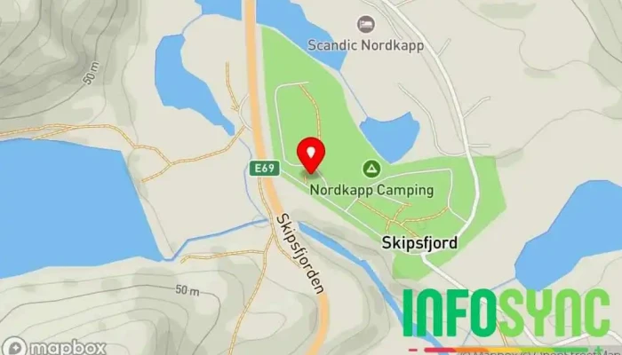kart over Nordkapp Camping Innendørs overnatting, Hytteutleie, Campingplass i Honningsvåg
