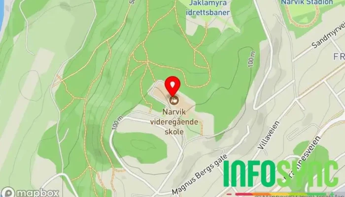 kart over Nordland Fagskole, helse, sosial og oppvekst Skole i Narvik