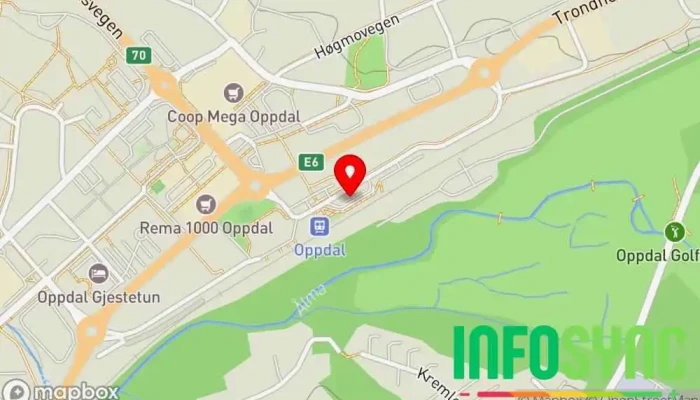 kart over Oppdal skysstasjon Kollektivholdeplass, Bussholdeplass, Jernbanestasjon i Oppdal