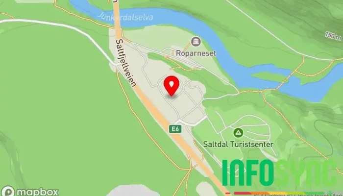 kart over Saltdal Turistsenter og overnatting Storjord Suvenirbutikk, Campinghytte, Storkiosk, Ladestasjon for elektriske biler, Bensinstasjon, Motell, Restaurant, Campingplass, Turistattraksjon, Turistinformasjon i Røkland