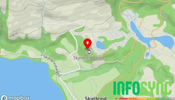 kart over Skjelbreid Poirée Møte- og konferanselokaler, Hytteutleie, Gruppeovernatting, Arrangør av utendørsaktiviteter, Selskapsplanlegger, Bryllupslokale i Eikelandsosen