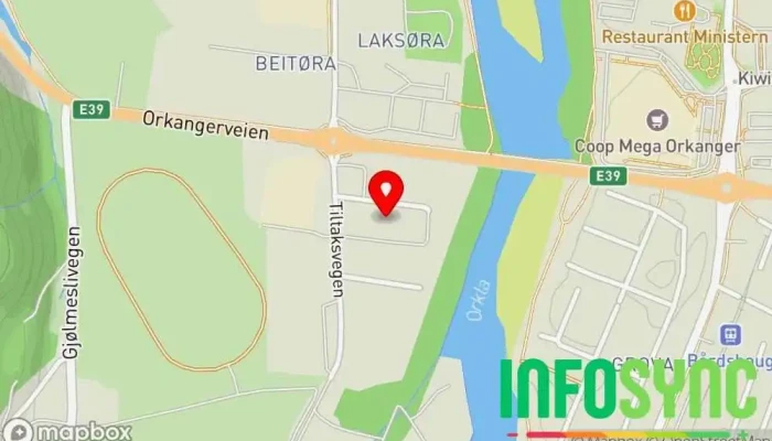 kart over Statens vegvesen, Orkdal trafikkstasjon Biltilsynet i Orkanger