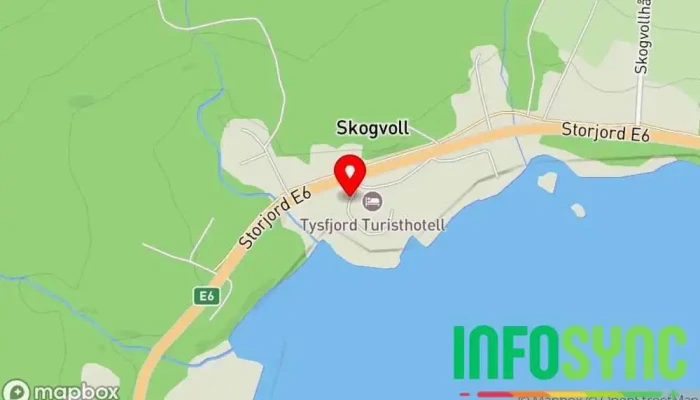 kart over Tysfjord Turistsenter AS Hotell, Møte- og konferanselokaler, Arrangør av utendørsaktiviteter, Restaurant i Storjord i Tysfjord