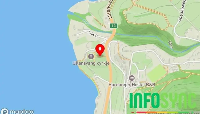 kart over Ullensvang Kyrkjelege fellesråd Kirke i Lofthus
