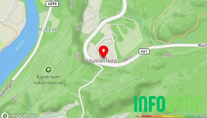 kart over Utsikten Hotell Kvinesdal Hotell, Kunstsenter, Gourmetrestaurant, Møte- og konferanselokaler, Golfbane, Turområde, Utsiktspunkt i Kvinesdal