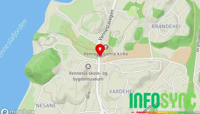 kart over Vennesla kirke Bussholdeplass i Vennesla