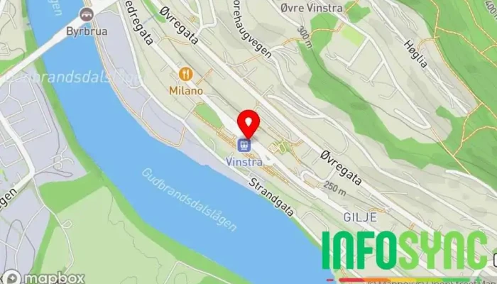 kart over Vinstra skysstasjon Kollektivholdeplass, Bussholdeplass, Jernbanestasjon i Vinstra